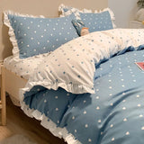 elvesmall Fashion Lattice Bedding Set Bed Sheet Cute Princess AB Double Sided Ruffle Flower Quilt Cover Pillowcase Bedclothes Home Textile