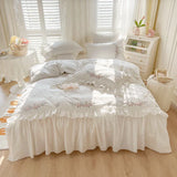 elvesmall 100% Cotton Princess White Bedding Sets Korean Ruffle Bedspread Flower Embroidery Duvet Cover Bed Skirt Pillowcases Home Textile