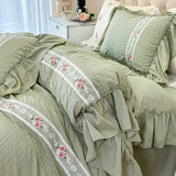 elvesmall  French Romantic Lace Bubble Gauze Bedding Set Queen Elegant Princess Style Embroidered Duvet Cover Set Ruffled Quilt Cover Sets