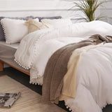 elvesmall  Pink Full Ball Pom Fringe Design Comforter Set 3pcs, Boho Aesthetic Luxurious Full Bedding Set, Vintage Ultra Soft Microfiber