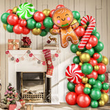 elvesmall Christmas Balloon Garland Arch Chain Set Red Green Gold Candy Balloons with Gingerbread Man Candy Cane and Lollipop Decorations