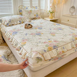 elvesmall 100% Cotton Mattress Cover Floral Style Bedspread Thickened Fitted Sheet Lace Bed Linen Quilted Bed Cover  (No Pillowcase)