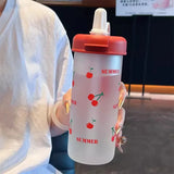 elvesmall  -  Kawaii Cherry Glass Tumbler With Straw Tea Filter Strap Water Bottle Aesthetic For Iced Coffee Juice Cute Flower Glass Cup 700ml