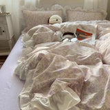 elvesmall Ins Korean Small Fresh Cotton Bed Four-piece Set, Spring and Summer French Lotus Leaf Lace Bed Sheet Quilt Cover Pure Cotton