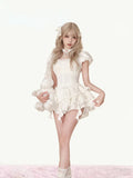 srczz  -  Japanese Sweet Lolita Skirt Suits Women Causal Sweet French Tops + Elegant Cute Mini Cake Skirts Summer 2024 2 Piece Skirt Set