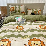 elvesmall  Cute Bear Bedding Set Girls Boys Kids Single Double Size Flat Sheet Duvet Cover Pillowcase Bed Linens White Blue Home Textile