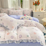 elvesmall French Golden Sunflower Floral Lace Seersucker Bedding Set Washed Cotton Four-piece Set Student Bed Sheet Three-piece Set