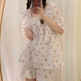 elvesmall  Peach Women Pajamas Sets for Home Summer Ruffle Sleepwear Shorts Sleeve Lace 2 Pieces Square Collar Night Wears Korean Home Suit
