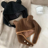 elvesmall Women Men Hat Bear Shape Solid Color Button Unisex Plush Head Protection Adjustable Soft Cycling Lady Winter Hat Winter Hat