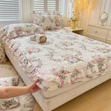 elvesmall 100% Cotton Mattress Cover Floral Style Bedspread Thickened Fitted Sheet Lace Bed Linen Quilted Bed Cover  (No Pillowcase)
