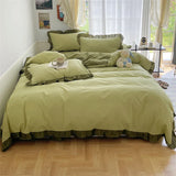 elvesmall Garment Washed Cotton Duvet Cover Set for Boys Girls Sage Matcha Green Bedding Sheets Ruffle Bed Skirt Queen Size Linens King