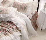 elvesmall American Style Pastoral Bedding Set Luxury Egyptian Cotton Bed Set Flowers Print Princess Lace Duvet Cover Bed Skirt Pillowcases