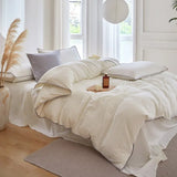 elvesmall 100%Washed Microfiber Solid Plain Beige Bedding Set Double Queen King 4Pcs Duvet Cover Set 1Flat Sheet 2Pillowcases