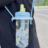 elvesmall  -  Kawaii Cherry Glass Tumbler With Straw Tea Filter Strap Water Bottle Aesthetic For Iced Coffee Juice Cute Flower Glass Cup 700ml