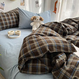 elvesmall Bedding Set Ins Ambiance Blue Coffee Grid Mixed With Washed Cotton Minimalist Four Piece Set Fitted Sheets Duvet Cover