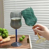 elvesmall Cute Colored Glass Goblets, High Borosilicate Glass Mug, Blown Irregular Wavy Milk Cup, Cocktails Red Wine Glass Mug