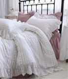 elvesmall  France Style Bedding Set Luxury Purple Princess Bedspread White Printing Egyptian Cotton Lace Duvet Cover Bed Skirt Pillowcases