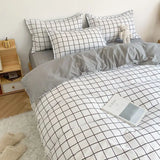 elvesmall Simple Plaid Style Duvet Cover with Pillowcases Flat Sheet Skin-friendly Quilt Cover Twin Bed Linens Adults Boys Bedding Sets