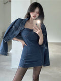 vsrczz  -  High Street Denim Suit Women Spring New Short Coat Jacket Suspenders Tube Top Dress Korean Two-piece Set Ladies