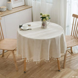 elvesmall Linen Cotton Plain Tablecloth with Tassels Round Table Household Circular Table Cover Home Party Table Wedding Decoration