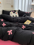 elvesmall Ins Style Girl Blue 1.5m/1.8m Fitted Sheet Bow Towel Bedding Set Embroidery Washed Cotton Four-piece Set Bed Sheet Three-piece