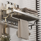 elvesmall Bathroom Shelf Towel Hanger Rack Wall-mouted Double Rod Mesh Basket Towel Rack Holder Toiletries Storage Bathroom Wall Shelves