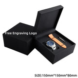 elvesmall  Black Matte PU Leather Square Clamshell Watch Storage Box Provide Free Logo Carving Service Personalized Logo Customization Gift