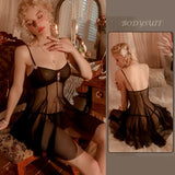 elvesmall  Sexy Elegant Lingerie Nightgowns Perspective Women Elegant Nightwear Lace Trim Sleepwear Woman Sleeveless Suspender Nightdress