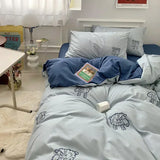 elvesmall Cute Bear Embroidery Bedding Set Lovely Cartoon Sheep Single Double Duvet Cover Set Soft Skin Friendly Quilt Cover Pillowcase