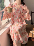 elvesmall Peach Robe for Women V-neck Summer Sleepwear Nightdress Japanese Solid Night Wears One Piece Lace-up Korean Reviews Many Pajama