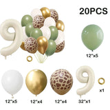 elvesmall 20pcs Jungle Animal Theme Party Sage Green Balloon Caramel Number 0-9 Foil Balloons Happy Birthday Party Baby Shower Decoration