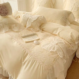 elvesmall Korean Princess Wind Bedding Set Lace Bow Solid Color Beautiful Edge Lace Pleated Bedding Cover Luxury Girl Wedding Home Bed