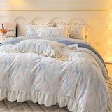 elvesmall  New Bedding Set High Weight Carved Milk Flour Set Girl Ruffle Bed Tulip Thicken Warm Quilt Cover Sheet Pillowcase Decor Bedroom