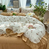 elvesmall Romantic French Flowers Lace Ruffles Bedding Set Washed Cotton Duvet Cover Bed Flat Sheet Pillowcases Girls Couple Bed Linens