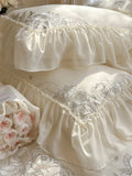 elvesmall  1200TC Egyptian Cotton Luxury Princess Wedding Bedding Set Flowers Embroidery Lace Ruffles Duvet Cover Set Bed Sheet Pillowcases