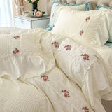 elvesmall  Princess Soft Seersucker Bedding Set Girls Elegant Lace Duvet Cover With Sheet Soft Washed Cotton French Romantic Home Textiles