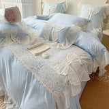 elvesmall Korean Princess Wind Bedding Set Lace Bow Solid Color Beautiful Edge Lace Pleated Bedding Cover Luxury Girl Wedding Home Bed