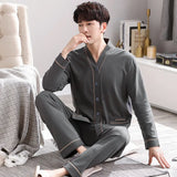 elvesmall  Men Pajamas Suit Long sleeved Pure Cotton Simple Casual Cardigan V-neck Homewear Set All Plus Size Breathable Autumn Sleepwear