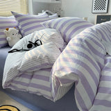elvesmall Washed Cotton Double Yarn Crepe Striped Quilt Set 3-4 Pillowcase with Sheet Bedding Cover Supplies 200x230 220x240 Skin Friendly