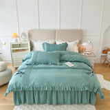 elvesmall 100% Cotton Solid Color Vintage Ruffled Duvet Cover Farmhouse Rustic Comforter Cover Geometric Stripes Bedding Set with 2 Sham