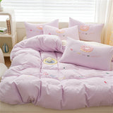 elvesmall Pink Bedding Sets Solid Color Washed Cotton Home Girls Bedroom Decor Duvet Cover Pillowcase Bedspread Embroidery Four Piece Set