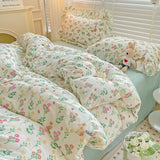 elvesmall Pink Tulip Duvet Cover Set Ins Korean Style with Flat Sheet Pillowcase No filler Washed Cotton Queen Full Twin Home Bed Linen