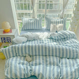 elvesmall Lightweight Hotel Luxury Duvet Cover 4Pcs Blue White Vertical Stripes Ultra Soft Breathable Comforter Cover Bed Sheet Pillowcase