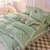 elvesmall Green Bedding Sets Kawaii Seersucker Bed Sheet Pillowcase Fashion Girl Princess Duvet Cover 4 Pieces Cute Home Decoration