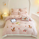 elvesmall -  Lucky Trojan Embroidered Bedding Set 100% Cotton Brushed Skin Friendly Duvet Cover Set with Bed Sheet High-end Blanket Cover Set