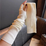 elvesmall Women Knitted Arm Warmer Long Fingerless Gloves Mitten Winter Y2K Solid Arm Sleeve Fashion Casual Soft Girls Clothes Punk Gloves