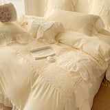 elvesmall Korean Princess Wind Bedding Set Lace Bow Solid Color Beautiful Edge Lace Pleated Bedding Cover Luxury Girl Wedding Home Bed