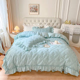 elvesmall  100% Cotton Korean Princess Solid White Bedding Sets Ruffle Bedspread Flower Embroidered Duvet Cover Bed Skirt Pillowcases