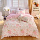 elvesmall Cute Pink Strawberry Duvet Cover Flat Sheet Pillowcase Floral Bedding Set Girls Bed Linen Soft Thick Washed Cotton Bedclothes