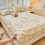 elvesmall 100% Cotton Mattress Cover Floral Style Bedspread Thickened Fitted Sheet Lace Bed Linen Quilted Bed Cover  (No Pillowcase)